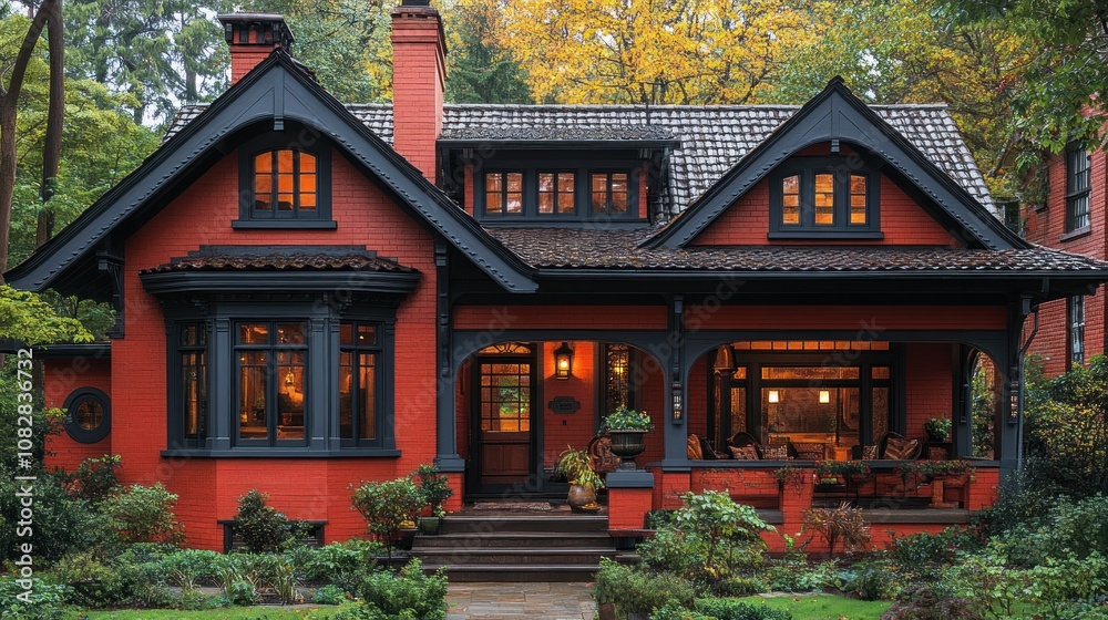 Charming red and black house with lush garden and inviting porch. Charming red and black house with lush garden and inviting porch.