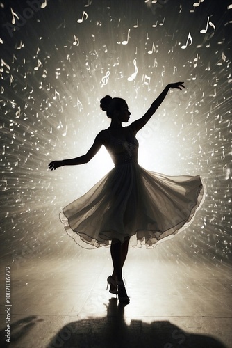 Silhouette of a Woman in a Dress Adorned with Musical Notes Dancing Before a Wall