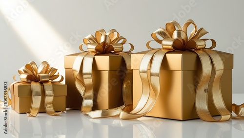 Set of golden gift boxes adorned with shiny golden ribbons, cut out