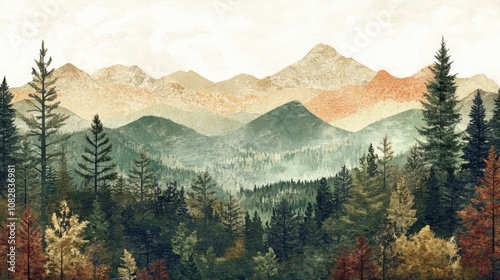 Fototapeta Naklejka Na Ścianę i Meble -  landscape mosaic painting with mountains and forest, earthy greens and browns