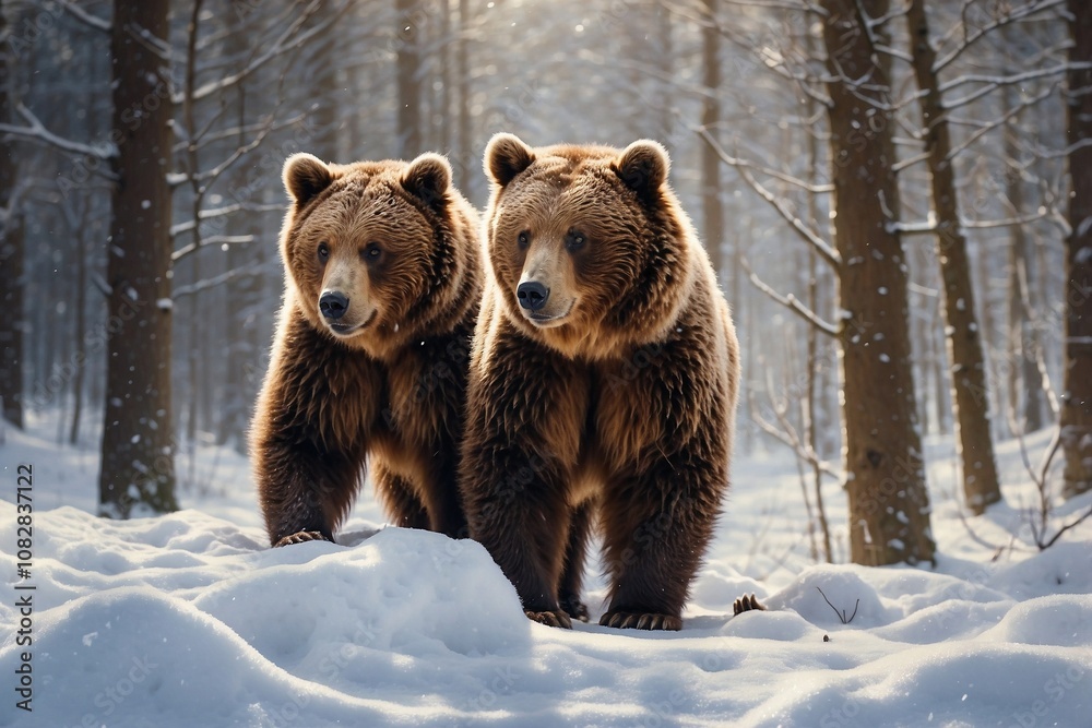 Obraz premium Two Brown Bear Cubs Playing in the Snow Under Soft Sunlight in a Beautiful Snowy Forest