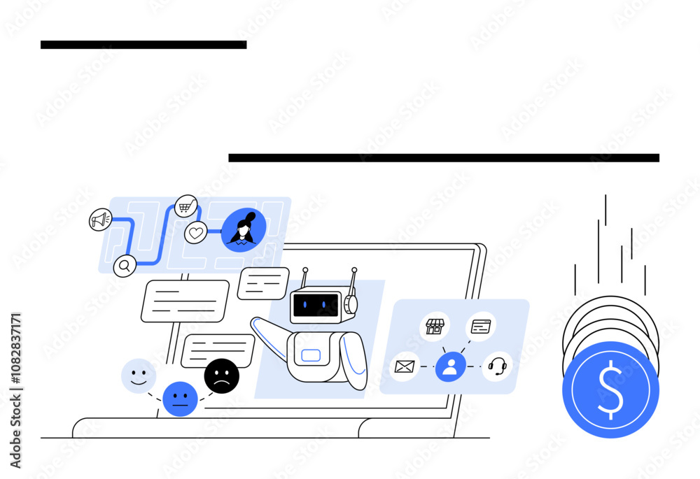 AI chatbot on laptop screen responding to various communication icons, user messages, and notifications. Ideal for customer service, automation, digital communication, tech solutions, AI integration AI chatbot on laptop screen responding to various communication icons, user messages, and notifications. Ideal for customer service, automation, digital communication, tech solutions, AI integration