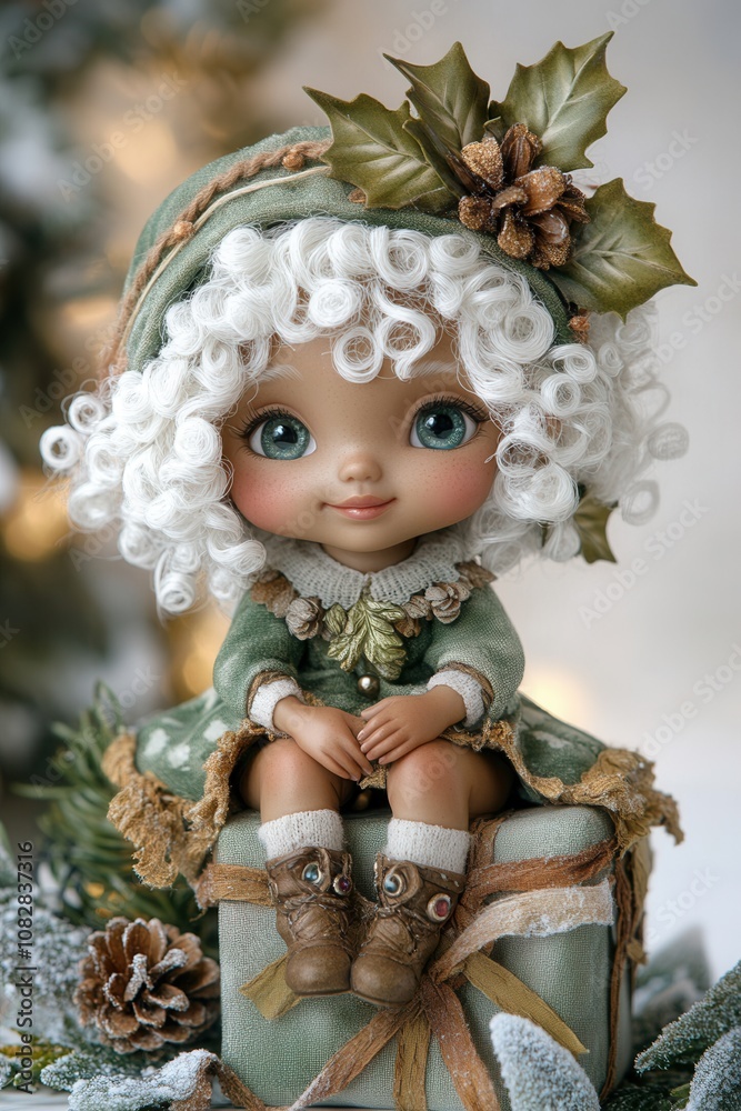 A little elf with curly white hair and big ears in green clothes with golden details sitting on gifts. Fairy-tale atmosphere, holiday spirit, AI generated A little elf with curly white hair and big ears in green clothes with golden details sitting on gifts. Fairy-tale atmosphere, holiday spirit, AI generated