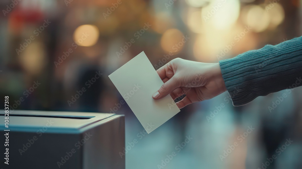 Close-up of a hand dropping a blank ballot into a ballot box, signifying the importance of voting in elections. Close-up of a hand dropping a blank ballot into a ballot box, signifying the importance of voting in elections.