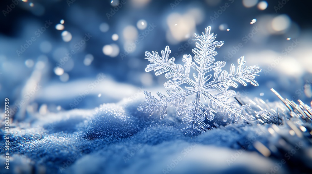 Macro Shot of Sparkling Snowflake on a Frosty Blue Surface : Generative AI Macro Shot of Sparkling Snowflake on a Frosty Blue Surface : Generative AI