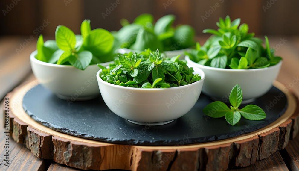 Fresh Herbs in White Bowls on Rustic Wooden Table - A Culinary Delight Fresh Herbs in White Bowls on Rustic Wooden Table - A Culinary Delight