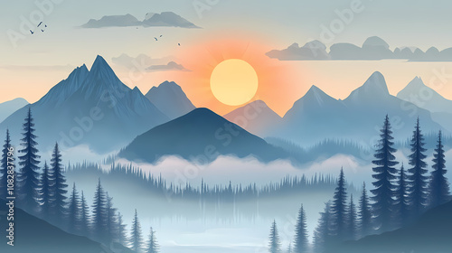 Sunrise over misty mountain range with sun rays, serene landscape. Serene. Illustration