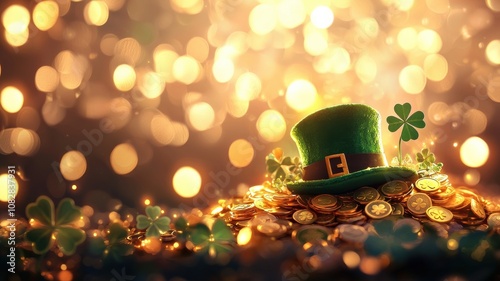 Leprechaun Hat with Gold Coins and Bokeh Background photo