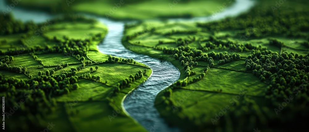 Aerial view of green fields and winding river creating a serene landscape scene Aerial view of green fields and winding river creating a serene landscape scene