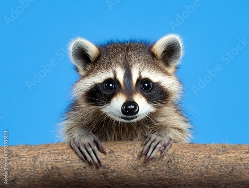 A raccoon peeking over a tree branch on a blue background