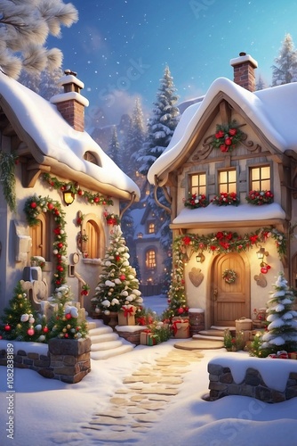 Fairy Tale Village with Cute Snow-Covered Houses Adorned with Christmas Lights