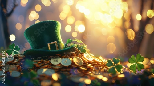 Leprechaun Hat with Gold Coins and Bokeh Background photo