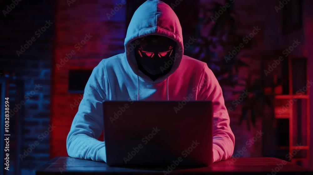 A hooded figure with a glowing mask uses a laptop in a dimly lit room.