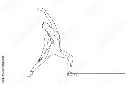 A continuous line drawing of a person stretching in a yoga pose.