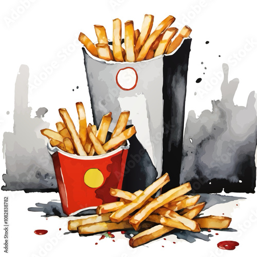 french fries takeaway boxes watercolor vector