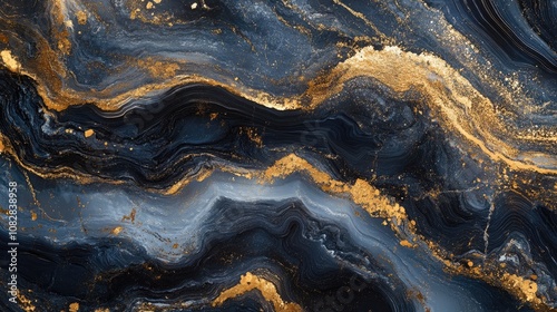 Rich Black Marble with Golden Highlights in an Abstract Fluid Design, Ideal for Use in Elegant Branding, Sophisticated Interior Projects, and Upscale Art Prints