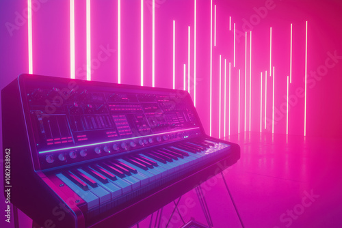 Synthesizer with colorful keys and knobs, set up in a futuristic studio with neon lights photo