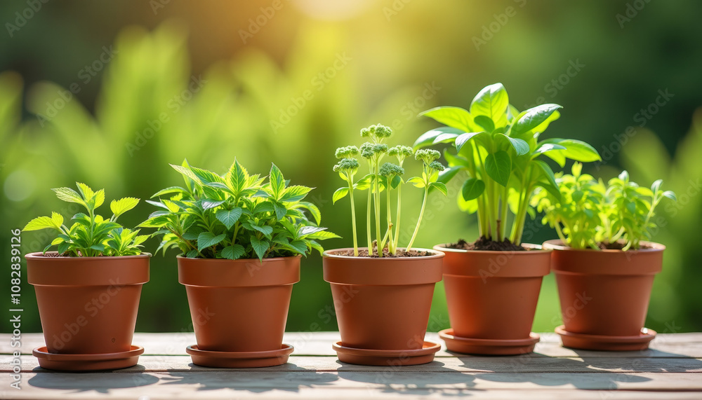 A Bountiful Array of Potted Plants in Terracotta Pots, Exuding Springtime Freshness and Natural Beauty. A Bountiful Array of Potted Plants in Terracotta Pots, Exuding Springtime Freshness and Natural Beauty.