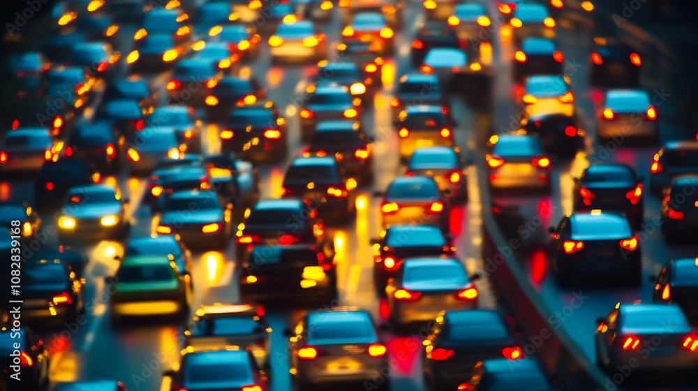 Obraz premium Vivid Urban Traffic Scene at Dusk with Colorful Headlights and Moving Cars in the City : Generative AI