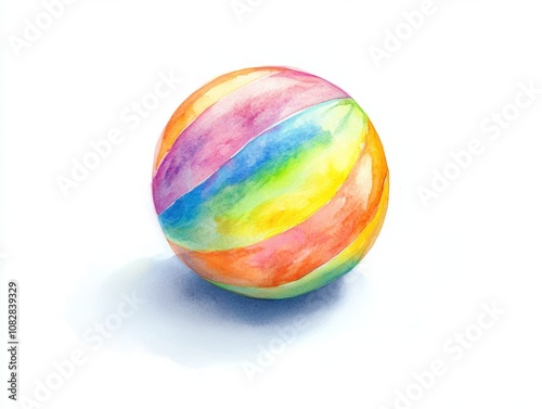 A gentle watercolor illustration of a colorful soft ball with pastel segments on a white background featuring smooth shadows