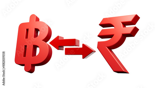 3d Red Baht And Rupee Symbol Icons With Money Exchange Arrows On White Background 3d illustration 