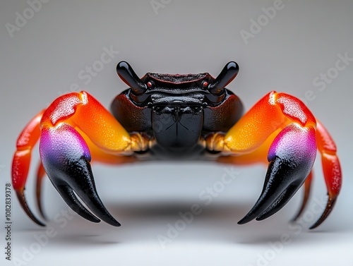 A close up of a red and black crab on a white surface photo