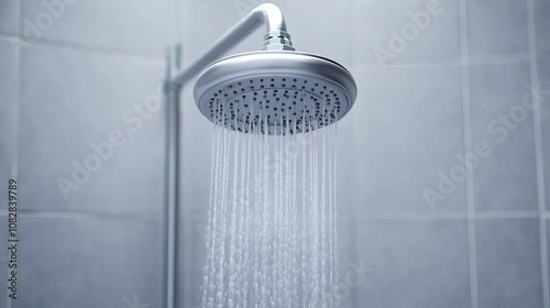 High-pressure showerhead, water spraying in powerful jets, industrial-style bathroom, close-up shot, showcasing water intensity and efficiency