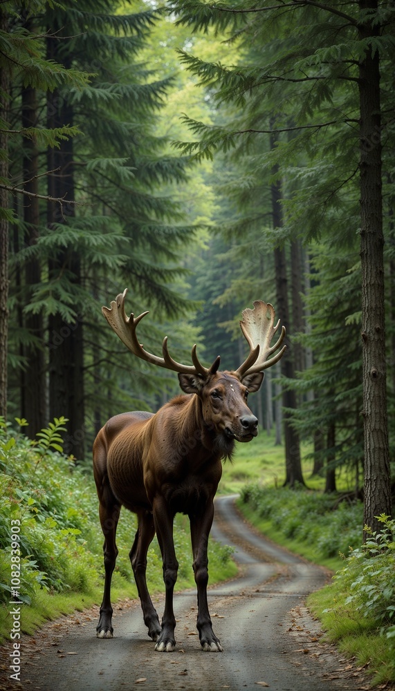 A majestic moose stands proudly in a foggy forest A majestic moose stands proudly in a foggy forest