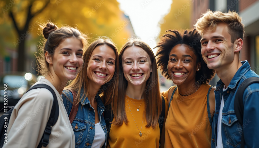 A Group of Happy Friends Posing Outdoors. Joyful Faces and a Vibrant Cityscape. Capturing the Essence of Friendship and Connection in a Modern Urban Setting. A Group of Happy Friends Posing Outdoors. Joyful Faces and a Vibrant Cityscape. Capturing the Essence of Friendship and Connection in a Modern Urban Setting.