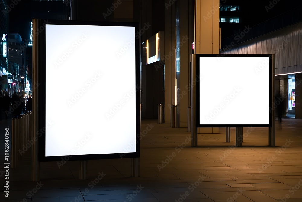 Two Blank Billboards on City Street at Night Ideal for Advertisements : Generative AI Two Blank Billboards on City Street at Night Ideal for Advertisements : Generative AI