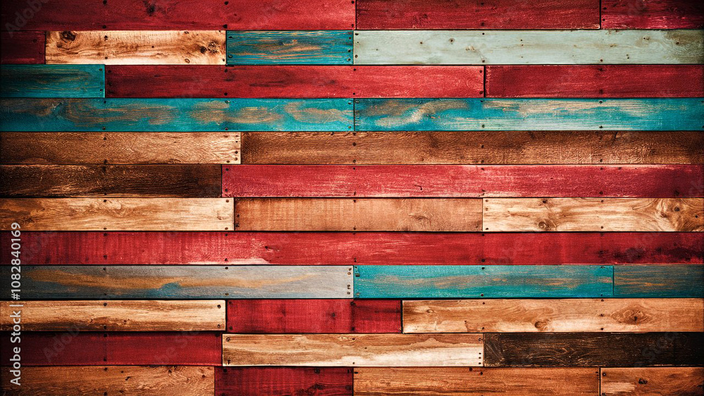 Weathered wooden planks painted in faded red blue and tan tones create a rustic Americana-inspired design with rough textures and a vintage barnwood aesthetic. Weathered wooden planks painted in faded red blue and tan tones create a rustic Americana-inspired design with rough textures and a vintage barnwood aesthetic.
