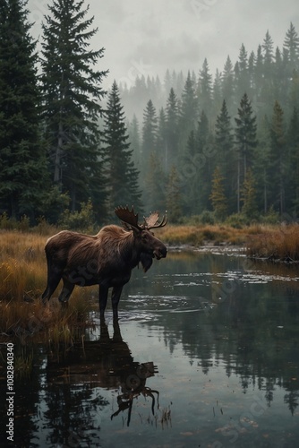 Majestic Moose Standing in the Calm Water of a Forest Lake Enshrouded in Morning Mist photo