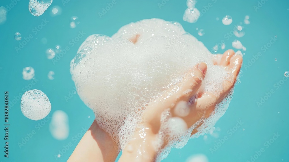 Fototapeta premium Hands Washing with Soap and Bubbles Against Soft Blue Background