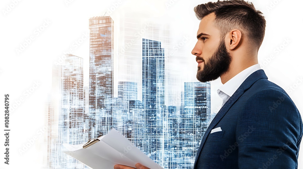 Double exposure of a businessman holding confidential documents, blending with a corporate building backdrop. Double exposure of a businessman holding confidential documents, blending with a corporate building backdrop.