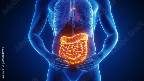 Human abdomen anatomy with glowing stomach depiction