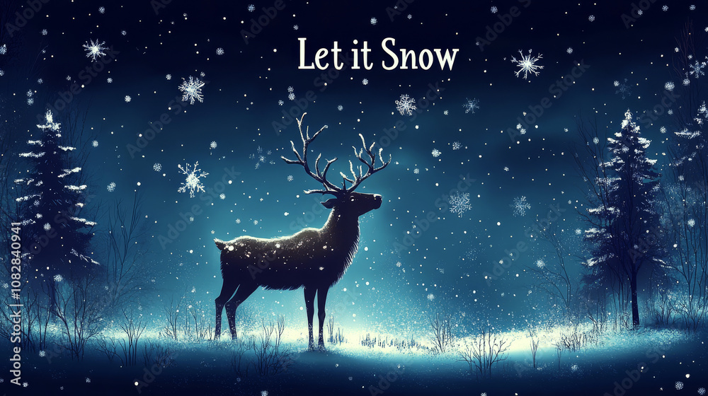A deer stands amidst a snowy forest under a night sky with snowflakes falling. Concept of winter magic and tranquility. A deer stands amidst a snowy forest under a night sky with snowflakes falling. Concept of winter magic and tranquility.