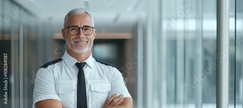 Immediate Security Concept. A confident mature pilot stands in a modern airport corridor, wearing a crisp uniform, embodying professionalism and experience.