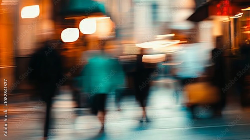 A blurred image of people walking through a city street at night. The scene is lit by warm street lights and store signs, creating a vibrant and dynamic atmosphere. A blurred image of people walking through a city street at night. The scene is lit by warm street lights and store signs, creating a vibrant and dynamic atmosphere.