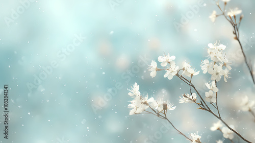 Delicate white snowflakes gently fall against a soft, blurred blue background, creating a serene winter scene. the snow-covered landscape adds a peaceful, seasonal ambiance. Serene. Illustration