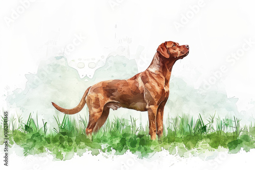 National Mutt Day. A watercolor illustration of a brown dog standing confidently in a grassy field, featuring green and earthy tones with a natural and minimalistic style.
