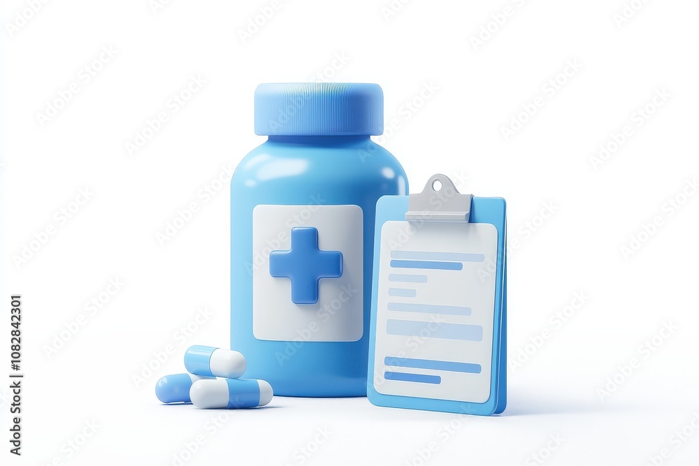 Blue Prescription Bottle with Plus Sign and Medical Chart on Clean Background. Blue Prescription Bottle with Plus Sign and Medical Chart on Clean Background.