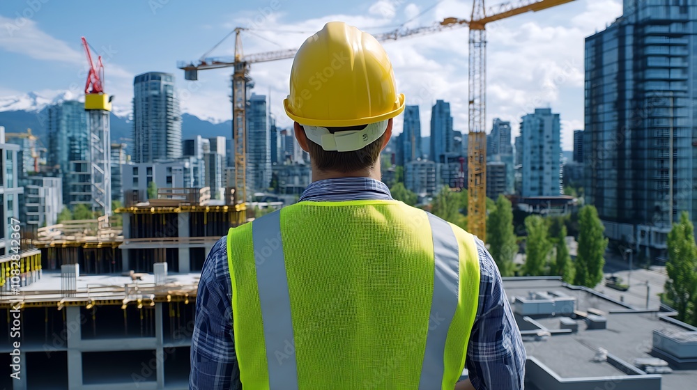 Urban Construction Professional Observing City Development Sites with Towering Skyscrapers in Background : Generative AI Urban Construction Professional Observing City Development Sites with Towering Skyscrapers in Background : Generative AI