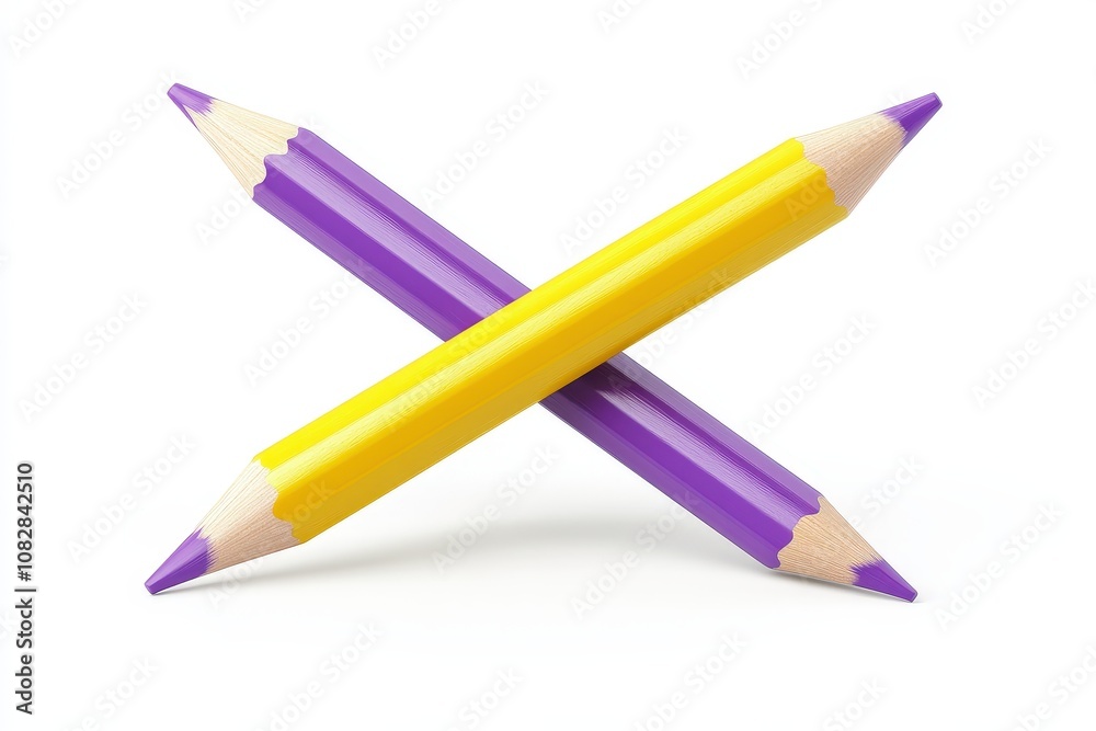 Crossed Yellow and Purple Pencils on White Background. Crossed Yellow and Purple Pencils on White Background.