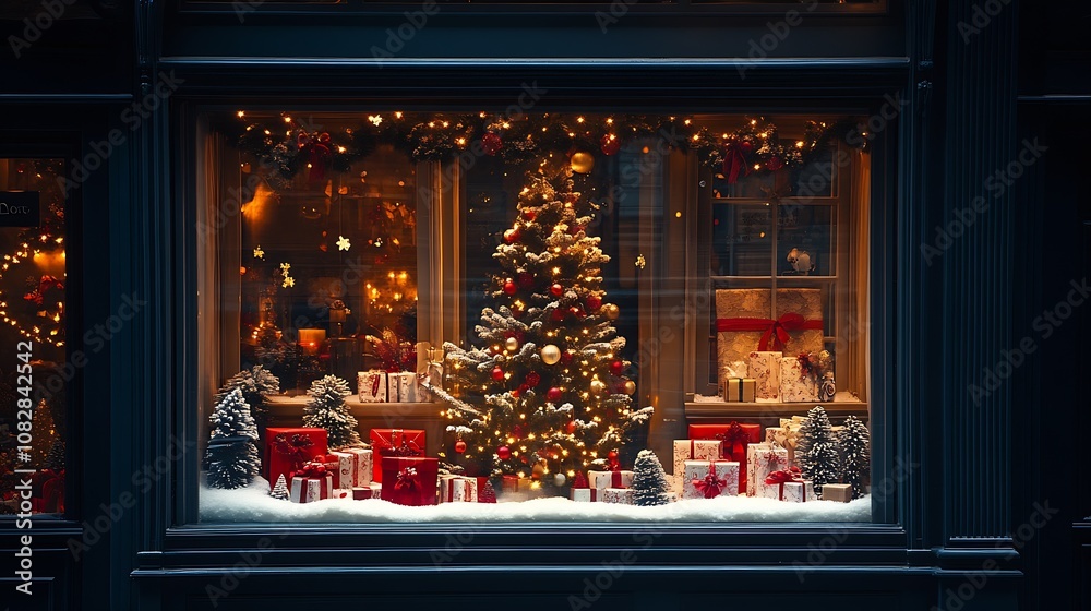 Charming Nighttime Christmas Storefront with Decorated Tree and Wrapped Gifts : Generative AI Charming Nighttime Christmas Storefront with Decorated Tree and Wrapped Gifts : Generative AI