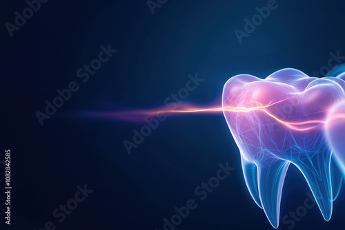 A glowing digital representation of a tooth with energy waves in a dark background