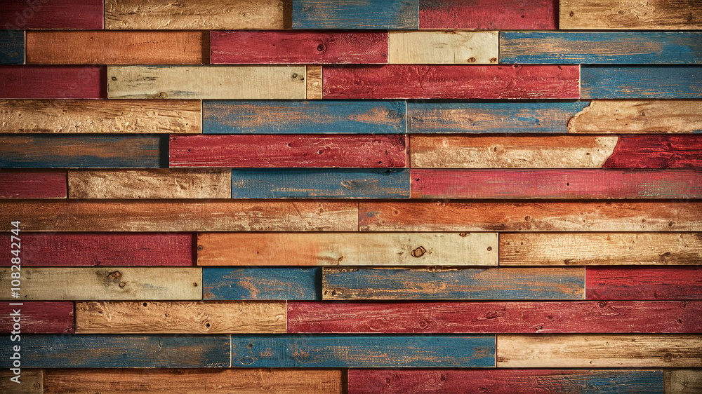 A multi-colored wooden panel with aged red blue and tan planks offering rustic charm weathered textures and a warm classic aesthetic. A multi-colored wooden panel with aged red blue and tan planks offering rustic charm weathered textures and a warm classic aesthetic.