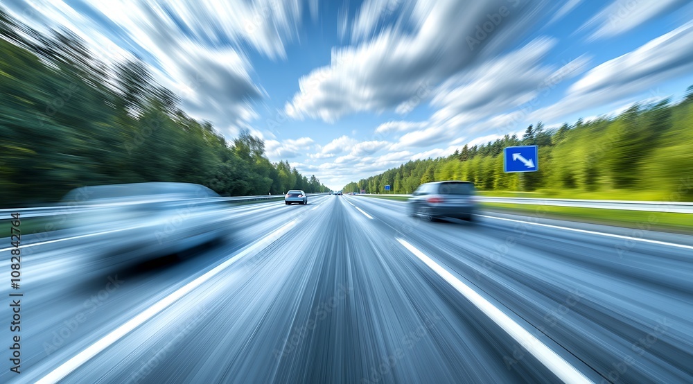 Accelerated Speed Impression on a Forested Highway with Vibrant Blue Skies : Generative AI Accelerated Speed Impression on a Forested Highway with Vibrant Blue Skies : Generative AI