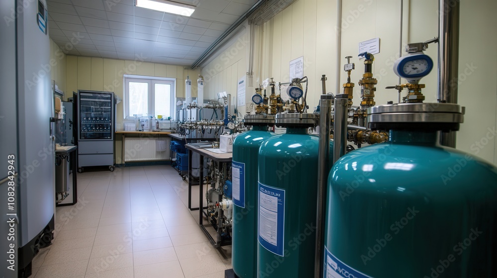 Laboratory with Cylindrical Gas Tanks and Piping Systems Laboratory with Cylindrical Gas Tanks and Piping Systems