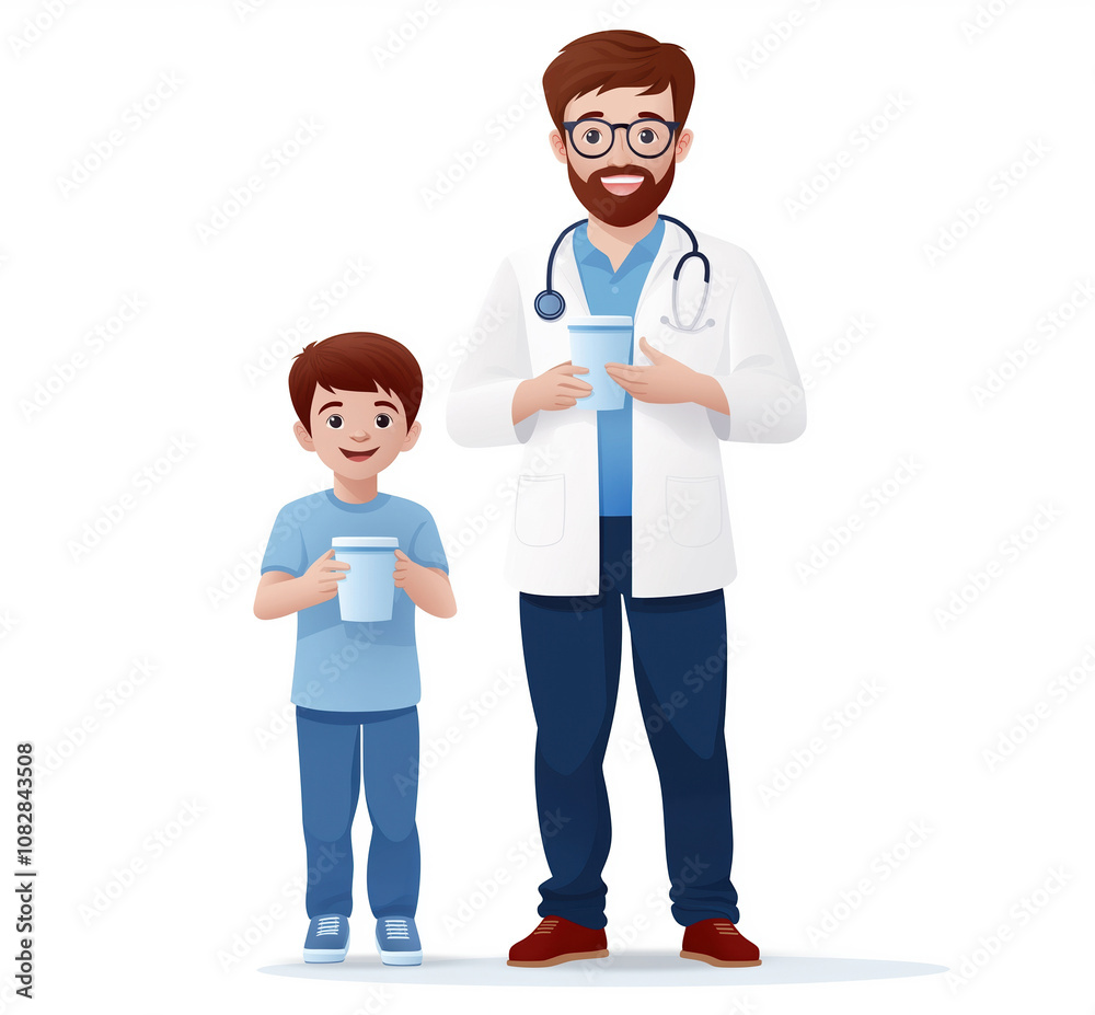 Doctor and young boy enjoying drinks together in a friendly, cheerful setting Doctor and young boy enjoying drinks together in a friendly, cheerful setting