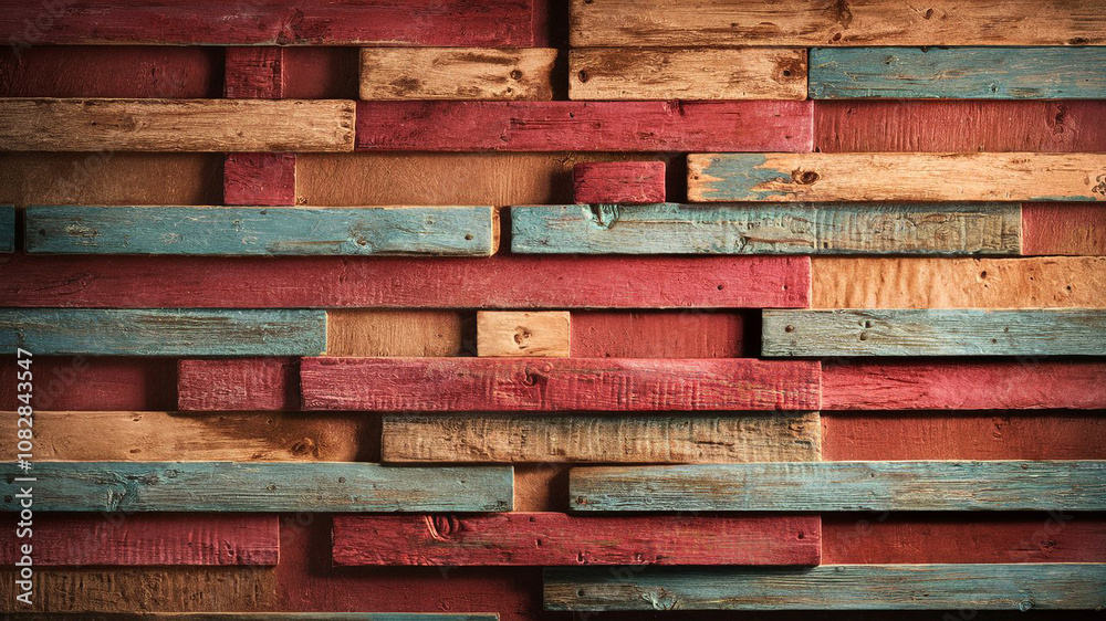 Rustic barnwood panel with horizontal planks painted in weathered shades of red blue and tan showcasing classic textures and visible grain patterns. Rustic barnwood panel with horizontal planks painted in weathered shades of red blue and tan showcasing classic textures and visible grain patterns.